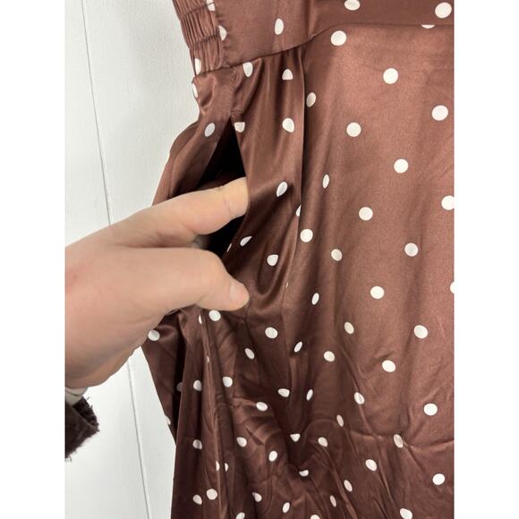 Torrid 2 2X Brown Satin Stretch Skirt White Dot Print Ruffle Slit 18-20 NEW - Picture 3 of 8